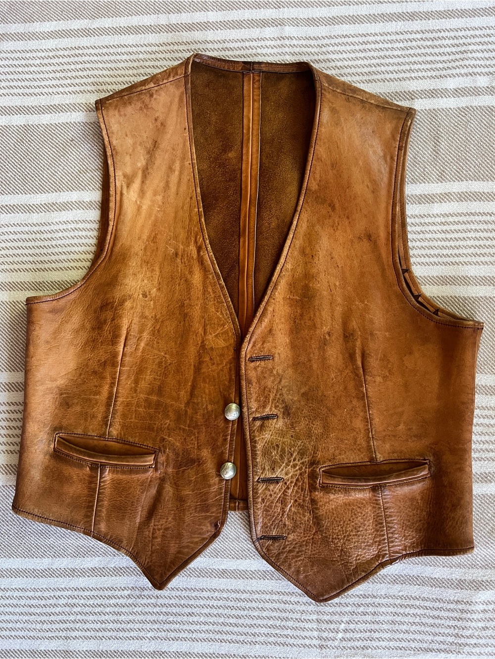 Men's Brown Leather Vest - Classic handmade vintage worn workwear cowboy western